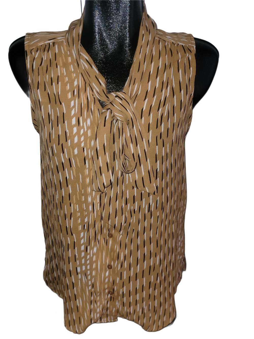 Jones & Co Sleeveless Light Golden Brown Patterned Tie-Neck Blouse Size S